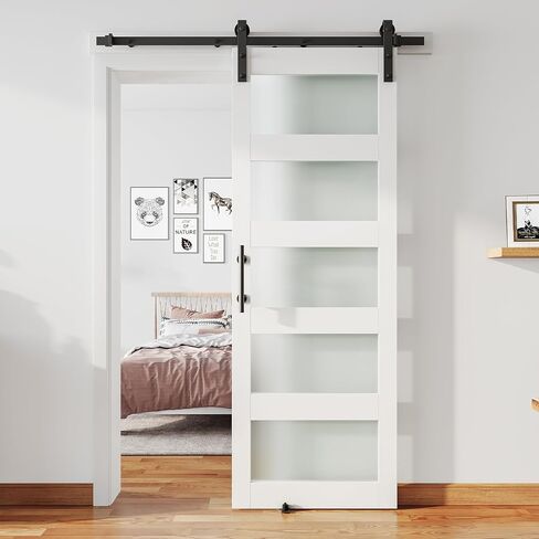 30'' x 84'' Glass Barn Door and 5FT Brushed Nickel Hardware Kit | MDF White Barn Door Slab with Frosted Glass, PVC Surface, Combined with Handle and Floor Guide-Assembly Required in Kuwait
