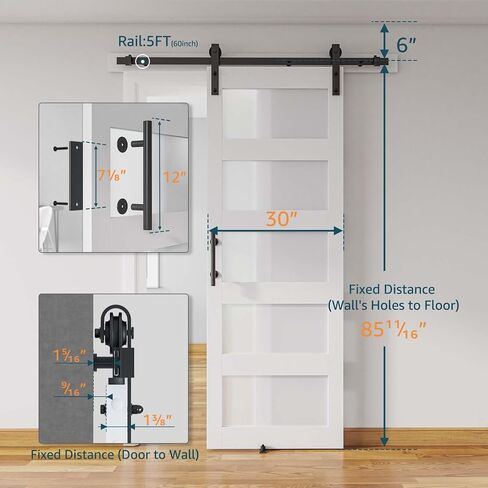 30'' x 84'' Glass Barn Door and 5FT Brushed Nickel Hardware Kit | MDF White Barn Door Slab with Frosted Glass, PVC Surface, Combined with Handle and Floor Guide-Assembly Required in Kuwait
