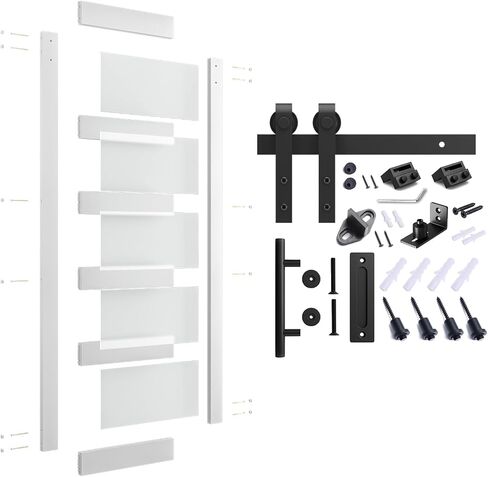 30'' x 84'' Glass Barn Door and 5FT Brushed Nickel Hardware Kit | MDF White Barn Door Slab with Frosted Glass, PVC Surface, Combined with Handle and Floor Guide-Assembly Required in Kuwait