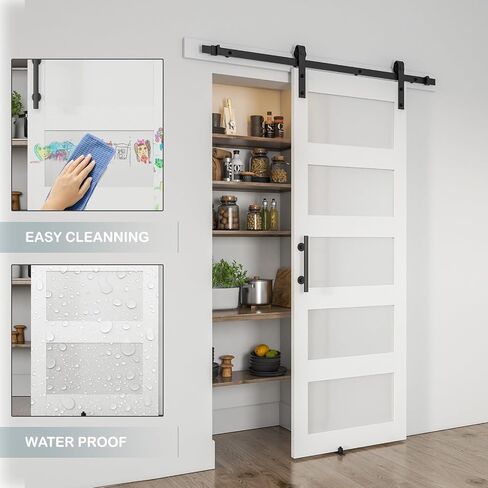 30'' x 84'' Glass Barn Door and 5FT Brushed Nickel Hardware Kit | MDF White Barn Door Slab with Frosted Glass, PVC Surface, Combined with Handle and Floor Guide-Assembly Required in Kuwait