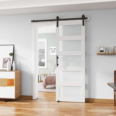 30'' x 84'' Glass Barn Door and 5FT Brushed Nickel Hardware Kit | MDF White Barn Door Slab with Frosted Glass, PVC Surface, Combined with Handle and Floor Guide-Assembly Required in Kuwait