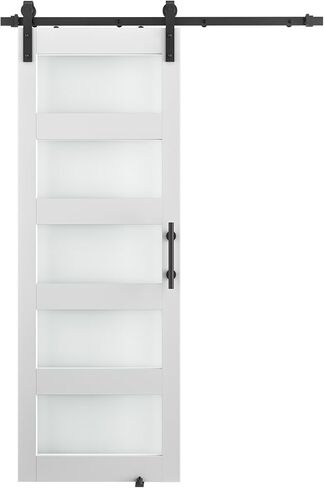 30'' x 84'' Glass Barn Door and 5FT Brushed Nickel Hardware Kit | MDF White Barn Door Slab with Frosted Glass, PVC Surface, Combined with Handle and Floor Guide-Assembly Required in Kuwait