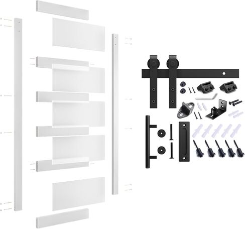 40'' x 84'' Glass Barn Door and 7 Ft Brushed Nickel Hardware Kit Included, MDF White Barn Door Slab with Frosted Glass, PVC Surface, Combined with Handle and Floor Guide-Assembly Required in Kuwait