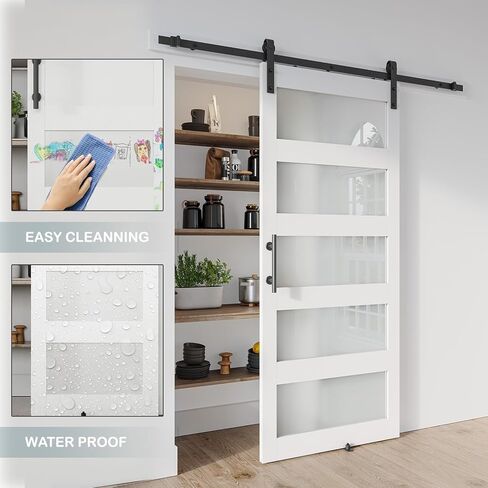 40'' x 84'' Glass Barn Door and 7 Ft Brushed Nickel Hardware Kit Included, MDF White Barn Door Slab with Frosted Glass, PVC Surface, Combined with Handle and Floor Guide-Assembly Required in Kuwait