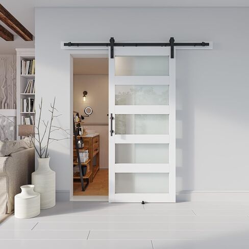 40'' x 84'' Glass Barn Door and 7 Ft Brushed Nickel Hardware Kit Included, MDF White Barn Door Slab with Frosted Glass, PVC Surface, Combined with Handle and Floor Guide-Assembly Required in Kuwait