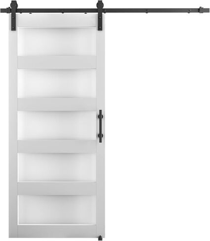 40'' x 84'' Glass Barn Door and 7 Ft Brushed Nickel Hardware Kit Included, MDF White Barn Door Slab with Frosted Glass, PVC Surface, Combined with Handle and Floor Guide-Assembly Required in Kuwait