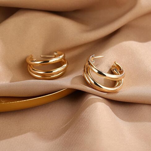 Tripe Hoop Earrings for Women Gold Triple Hoop Earrings for One Hole Rhinestone Stud Earrings Double Huggie Hoop Earrings Trendy Earrings for Women 2024 in Saudi Arabia