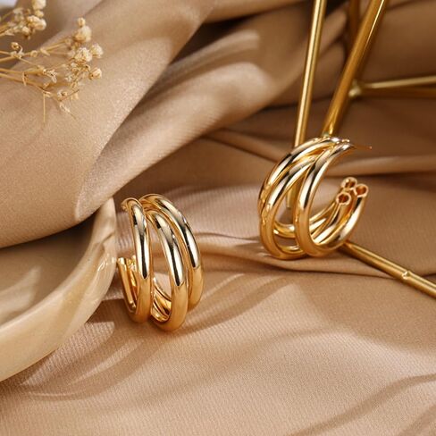 Tripe Hoop Earrings for Women Gold Triple Hoop Earrings for One Hole Rhinestone Stud Earrings Double Huggie Hoop Earrings Trendy Earrings for Women 2024 in Saudi Arabia