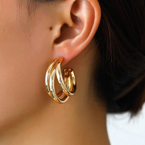 Tripe Hoop Earrings for Women Gold Triple Hoop Earrings for One Hole Rhinestone Stud Earrings Double Huggie Hoop Earrings Trendy Earrings for Women 2024 in Saudi Arabia
