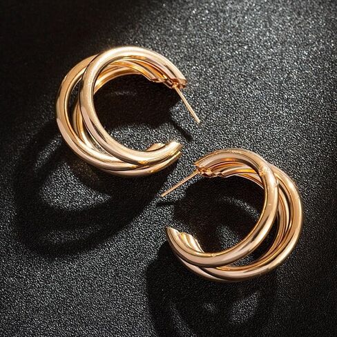 Tripe Hoop Earrings for Women Gold Triple Hoop Earrings for One Hole Rhinestone Stud Earrings Double Huggie Hoop Earrings Trendy Earrings for Women 2024 in Saudi Arabia