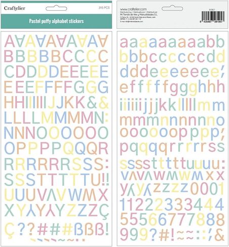 Craftelier - Puffy Alphabet Stickers in Uppercase and Lowercase, Numbers and Special Characters | Includes 315 Pieces - Size Uppercase Letter 1.8 cm and Lowercase Letter 1.6 cm |Pastel Color in Saudi Arabia