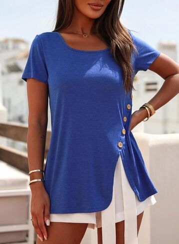Dokotoo Womens Tops 2023 Summer Square Neck Blouse Short Sleeve T Shirts Casual Hide Belly Tunic for Leggings in Saudi Arabia