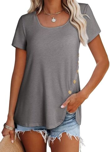 Dokotoo Womens Tops 2023 Summer Square Neck Blouse Short Sleeve T Shirts Casual Hide Belly Tunic for Leggings in Saudi Arabia