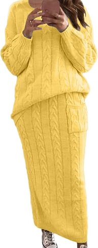 Sexyshine Women's Cable Knit Long Skirt 2 Piece Outfit Chunky Oversized Pullover Sweater Top and Long Pencil Skirt Sets in Saudi Arabia