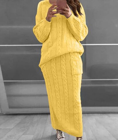 Sexyshine Women's Cable Knit Long Skirt 2 Piece Outfit Chunky Oversized Pullover Sweater Top and Long Pencil Skirt Sets in Saudi Arabia