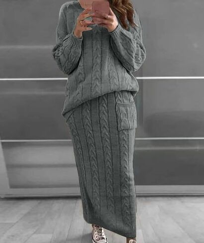 Sexyshine Women's Cable Knit Long Skirt 2 Piece Outfit Chunky Oversized Pullover Sweater Top and Long Pencil Skirt Sets in Saudi Arabia