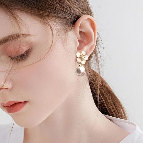 JeanBeau Large Dangle Pearl Earrings with Rhinestone Cubic Zirconia Chain - 14k Gold plated Brass, Synthetic Faux Pearl – Sparkly Long Chain/C shaped Open Hoop Drop Dangle Earrings for Women in Saudi Arabia