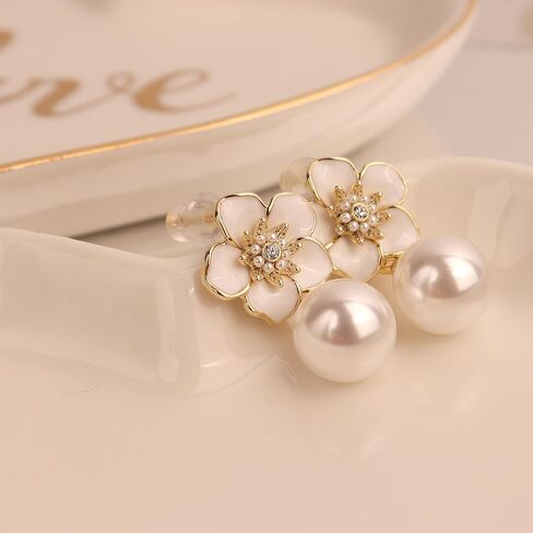 JeanBeau Large Dangle Pearl Earrings with Rhinestone Cubic Zirconia Chain - 14k Gold plated Brass, Synthetic Faux Pearl – Sparkly Long Chain/C shaped Open Hoop Drop Dangle Earrings for Women in Saudi Arabia