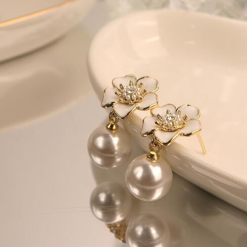 JeanBeau Large Dangle Pearl Earrings with Rhinestone Cubic Zirconia Chain - 14k Gold plated Brass, Synthetic Faux Pearl – Sparkly Long Chain/C shaped Open Hoop Drop Dangle Earrings for Women in Saudi Arabia