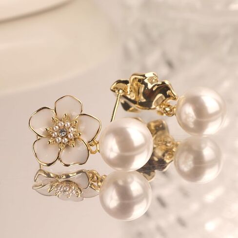JeanBeau Large Dangle Pearl Earrings with Rhinestone Cubic Zirconia Chain - 14k Gold plated Brass, Synthetic Faux Pearl – Sparkly Long Chain/C shaped Open Hoop Drop Dangle Earrings for Women in Saudi Arabia
