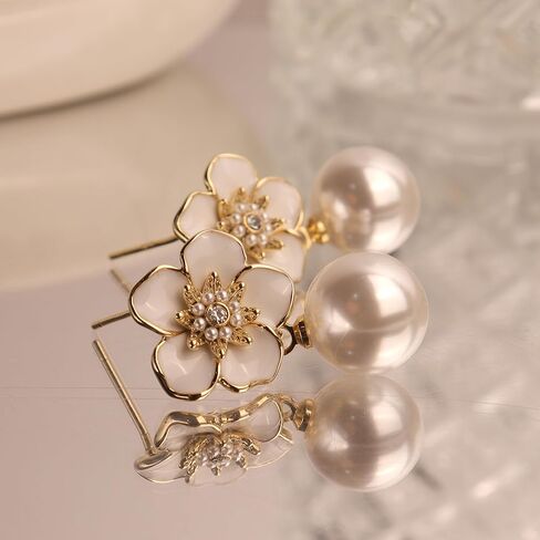 JeanBeau Large Dangle Pearl Earrings with Rhinestone Cubic Zirconia Chain - 14k Gold plated Brass, Synthetic Faux Pearl – Sparkly Long Chain/C shaped Open Hoop Drop Dangle Earrings for Women in Saudi Arabia