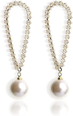 JeanBeau Large Dangle Pearl Earrings with Rhinestone Cubic Zirconia Chain - 14k Gold plated Brass, Synthetic Faux Pearl – Sparkly Long Chain/C shaped Open Hoop Drop Dangle Earrings for Women in Saudi Arabia