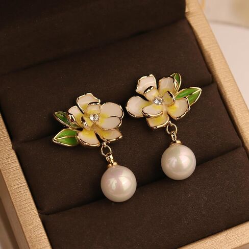 JeanBeau Large Dangle Pearl Earrings with Rhinestone Cubic Zirconia Chain - 14k Gold plated Brass, Synthetic Faux Pearl – Sparkly Long Chain/C shaped Open Hoop Drop Dangle Earrings for Women in Kuwait