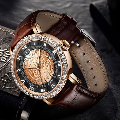 Unisex Simple Waterproof Romana Numerals Leather Band Rhinestone Bracelet Round Dial with Calendar Analog Quartz Wrist Watches Couple Watches in Saudi Arabia