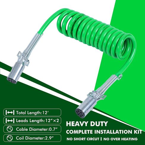 Heavy Duty Cable Assembly -15Ft Long 7-Way ABS Trailer Electrical Power Coil, |Coiled |Green Cable|Zinc Die-Cast Plugs in Kuwait