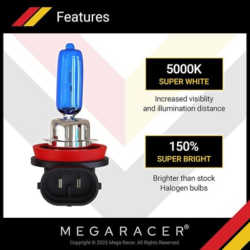 مصابيح الهالوجين الأمامية فائقة السطوع H9 من ميجا ريسر - 5000 كلفن أبيض فائق، 12 فولت 55 وات، غاز زينون، قاعدة PGJ16-5، استبدال المصابيح الأمامية ذات الشعاع العالي للسيارات، عبوة من قطعتين in Kuwait