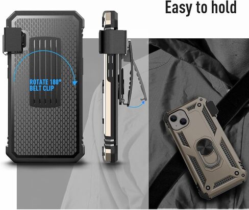 TILL for iPhone 13 Pro Max Full Coverage Heavy Duty Shockproof Phone Case Cover Built in Rotable Magnetic Ring Holder Kickstand with Holster Belt Swivel Clip for iPhone 13 Pro Max [Black] in Saudi Arabia