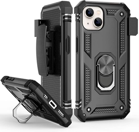 TILL for iPhone 13 Pro Max Full Coverage Heavy Duty Shockproof Phone Case Cover Built in Rotable Magnetic Ring Holder Kickstand with Holster Belt Swivel Clip for iPhone 13 Pro Max [Black] in Saudi Arabia
