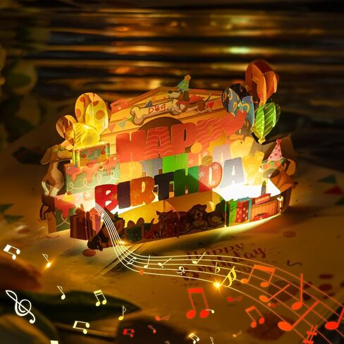 3D Musical Birthday Cards with Lights & Blowable Candle, Pet Dog Theme Funny Birthday Greeting Card, Dog Mom or Dad Bday Popup Cards for Husband Wife Friend and Every Dog Lover Play Song 'HAPPY BDAY' in Kuwait
