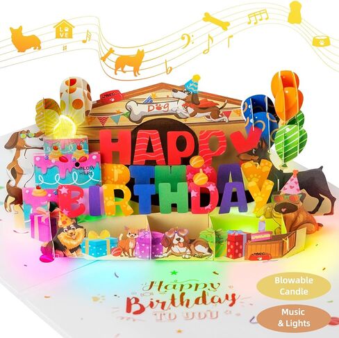 3D Musical Birthday Cards with Lights & Blowable Candle, Pet Dog Theme Funny Birthday Greeting Card, Dog Mom or Dad Bday Popup Cards for Husband Wife Friend and Every Dog Lover Play Song 'HAPPY BDAY' in Kuwait