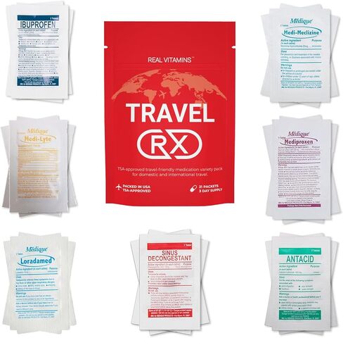 Travel RX Medicine Kit - Bulk Travel Medicine Kit with Individually Wrapped Medicine & Bag for Indigestion, Motion Sickness & More by Real Vitamins (1 Kit) in Saudi Arabia