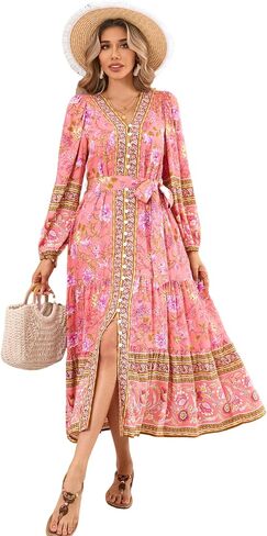 R.Vivimos Women's Long Sleeve Boho Midi Dress V Neck Floral Print Casual Button Down Loose Ruffle Beach Long Dress with Belt in Saudi Arabia