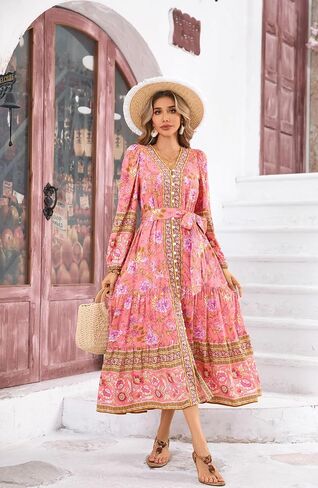 R.Vivimos Women's Long Sleeve Boho Midi Dress V Neck Floral Print Casual Button Down Loose Ruffle Beach Long Dress with Belt in Saudi Arabia