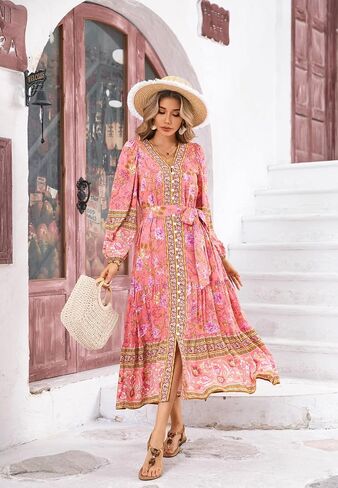 R.Vivimos Women's Long Sleeve Boho Midi Dress V Neck Floral Print Casual Button Down Loose Ruffle Beach Long Dress with Belt in Saudi Arabia