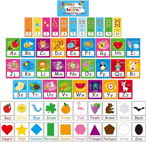 58 Pieces Educational Preschool Cards Kids Early Learning Poster Alphabet Number Colors and Shapes Bulletin Board Decoration Kindergarten Classroom Learning Card with Glue Point Dot (Fresh Style) in Saudi Arabia