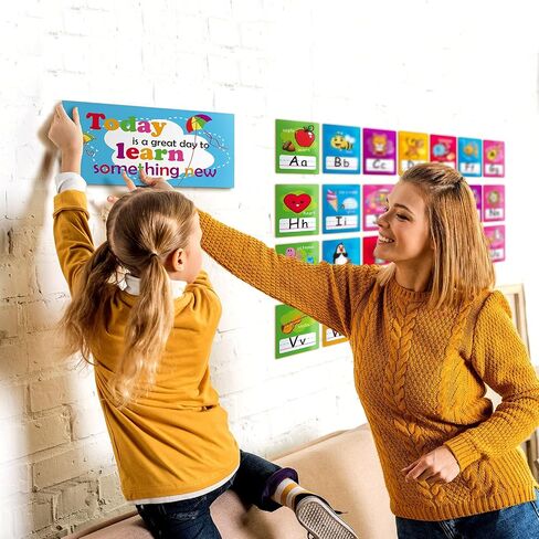 58 Pieces Educational Preschool Cards Kids Early Learning Poster Alphabet Number Colors and Shapes Bulletin Board Decoration Kindergarten Classroom Learning Card with Glue Point Dot (Fresh Style) in Saudi Arabia
