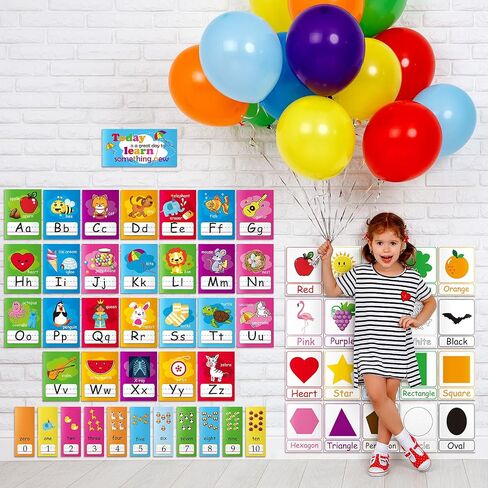 58 Pieces Educational Preschool Cards Kids Early Learning Poster Alphabet Number Colors and Shapes Bulletin Board Decoration Kindergarten Classroom Learning Card with Glue Point Dot (Fresh Style) in Saudi Arabia