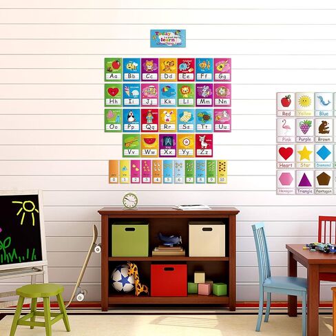 58 Pieces Educational Preschool Cards Kids Early Learning Poster Alphabet Number Colors and Shapes Bulletin Board Decoration Kindergarten Classroom Learning Card with Glue Point Dot (Fresh Style) in Saudi Arabia