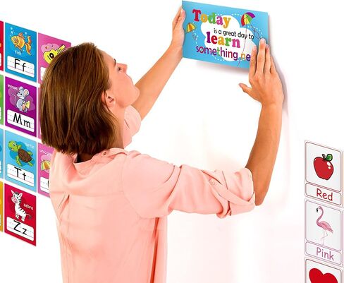 58 Pieces Educational Preschool Cards Kids Early Learning Poster Alphabet Number Colors and Shapes Bulletin Board Decoration Kindergarten Classroom Learning Card with Glue Point Dot (Fresh Style) in Saudi Arabia