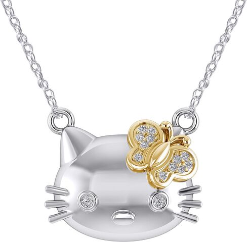 14k Yellow, Rose Gold Finish 925 Sterling Silver Round Cut 0.05 Carat Natural Diamond Hello Kitty Pendant, 18" Chain (Two-Tone/Cat Pendant/Cat Necklace/Cat Lovers/Good Luck Pendant) in Saudi Arabia