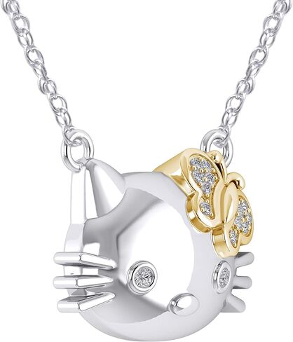 14k Yellow, Rose Gold Finish 925 Sterling Silver Round Cut 0.05 Carat Natural Diamond Hello Kitty Pendant, 18" Chain (Two-Tone/Cat Pendant/Cat Necklace/Cat Lovers/Good Luck Pendant) in Saudi Arabia