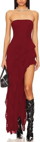 Capuffy Womens Tube Strapless Maxi Dress Ruffles Irregular Hem Cocktail Party Dress Off Shoulder High Slit Evening Dress 312 in Saudi Arabia