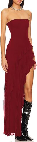 Capuffy Womens Tube Strapless Maxi Dress Ruffles Irregular Hem Cocktail Party Dress Off Shoulder High Slit Evening Dress 312 in Saudi Arabia