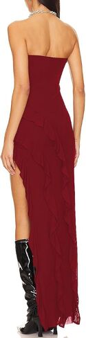 Capuffy Womens Tube Strapless Maxi Dress Ruffles Irregular Hem Cocktail Party Dress Off Shoulder High Slit Evening Dress 312 in Saudi Arabia