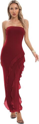 Capuffy Womens Tube Strapless Maxi Dress Ruffles Irregular Hem Cocktail Party Dress Off Shoulder High Slit Evening Dress 312 in Saudi Arabia