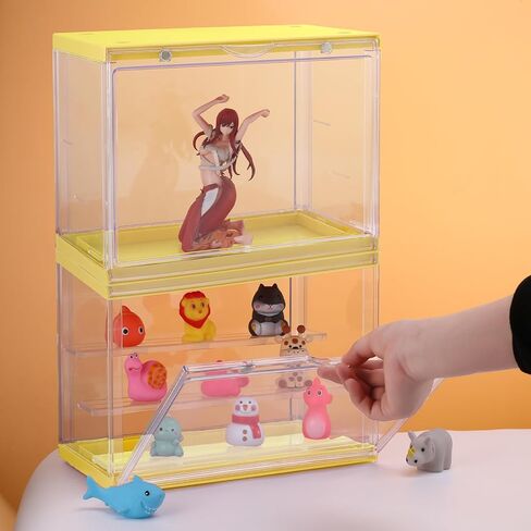 Clear Assemble Display Case with Magnetic Door for Action Figures, 3 Tier Stackable Transparent Dustproof Storage Blind Case for Shoe Miniature Collectibles Protection Showcase,Orange Pink in Kuwait